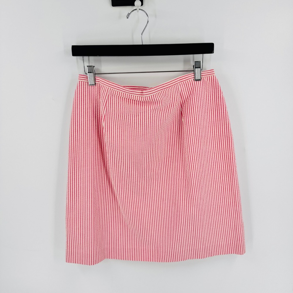 Vintage 90s Talbots Pencil Skirt Red White 12P Seersucker Striped Cotton USA